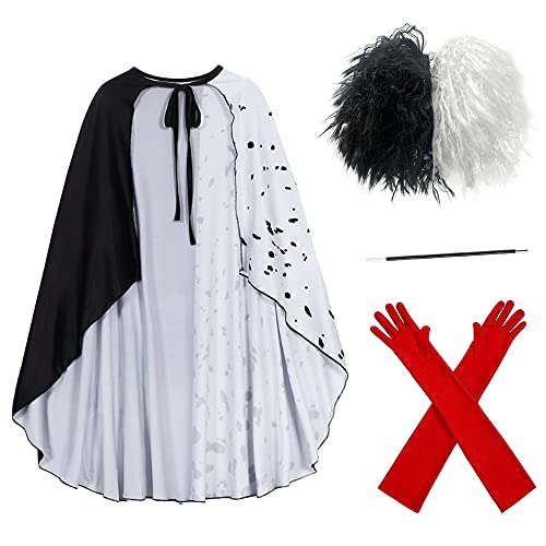 Carnavalife Cruella Umhang für Damen, weiße und schwarze Perücke, Cruella de Vil Kostüm, lange rote Handschuhe und Cruella-Zigarre, Dalmatinerkostüm, Damen, Halloween von Carnavalife