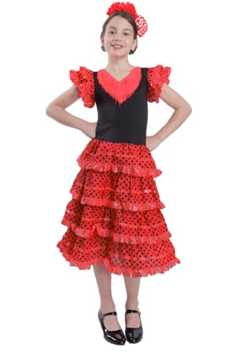 Carnavalife Flamenco-Kleid für Mädchen, Flamenco-Kostüm, Sevillana-Kostüm, für Mädchen und Mädchen, Flamenco-Kostüm, gepunktet, 2-14 Jahre (rot/schwarz, 1 Jahr) von Carnavalife