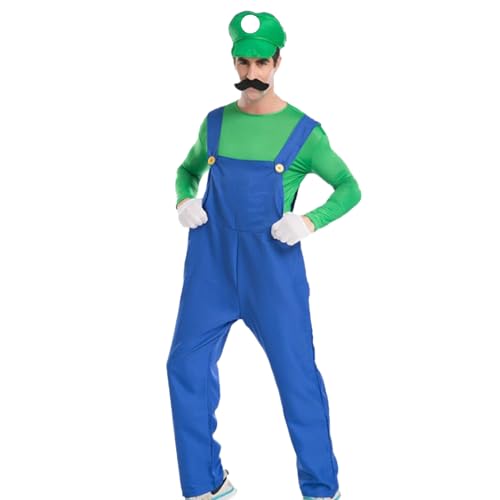 Carnavalife Mario und Luigi-Kostüm, Super Brothers Kostüm für Erwachsene, Overall und Mütze für Erwachsene, Ideal für Cosplay Halloween Party Karneval (Grün, XL) von Carnavalife