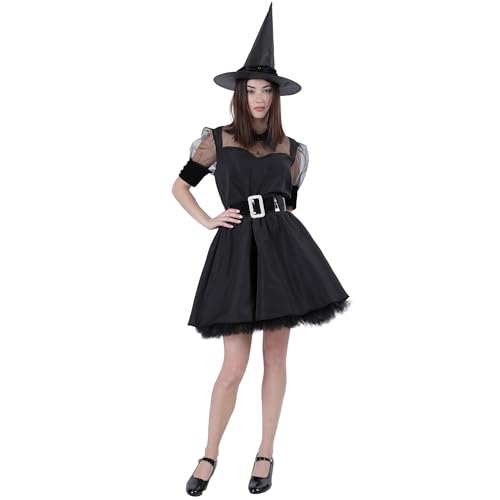 Carnavalife Schwarzes Hexenkostüm für Erwachsene, kurzes Hexenkleid mit Volumen, mit Hexenhut für Halloween und Karneval (L) von Carnavalife