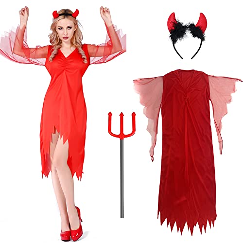 Carnavalife Teufel Kostüm für Damen, Halloween, Rotes Dämon-Kleid, Dreizack und Stirnband für Halloween, Teufel, Damen von Carnavalife