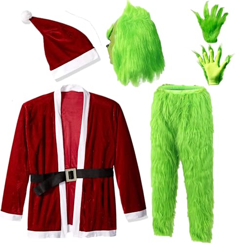 Carnavalife Weihnachtskostüm, grünes Monster-Kostüm, Weihnachtsmann-Kostüm für Herren, Erwachsene, Weihnachtsmann-Kleidung mit Zubehör, luxuriöses Weihnachts-Cosplay, Weihnachtsmann (Monster, L) von Carnavalife