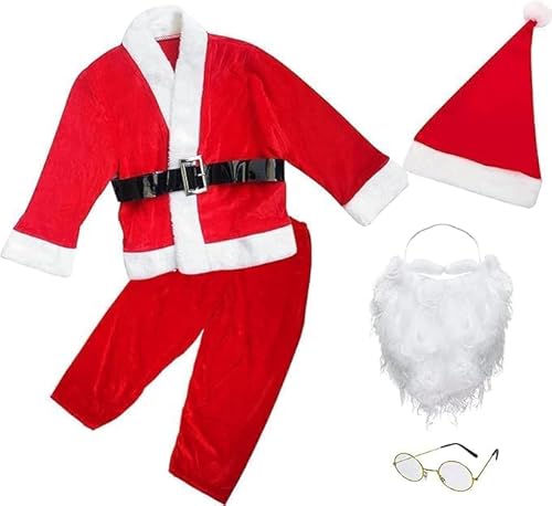 Carnavalife Weihnachtsmann-Kostüm für Jungen, Jacke mit Gürtel, elastische Taille, Weihnachtsmütze und Bartbrille für Weihnachtsfeiern und Weihnachtsmann-Kostüm, 6 Stück (3-4 Jahre) von Carnavalife