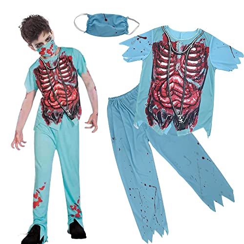 Carnavalife Zombie-Kostüm für Kinder, Zombie-Chirurg für Kinder, Halloween, Skelett-Shirt, Hose und Maske für Krankenschwestern-Kostüme (10-12 Jahre) von Carnavalife