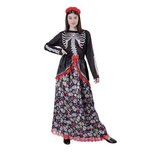 Catrina Mexikanisches Skelett-Kostüm für Damen, Erwachsene, Halloween, Kopfband, Catrina Blume, langes Kleid, buntes Totenkopfmuster, Halloween-Kostüm für Damen, Karneval (S) von Carnavalife