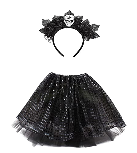 Halloween-Kostüm für Mädchen, Halloween-Anzug mit Tutu und Stirnband für Angst-Kostüm, Skelett, Spinne, Hexe, Catrina und Magier, 2 Stück (Skelett) von Carnavalife