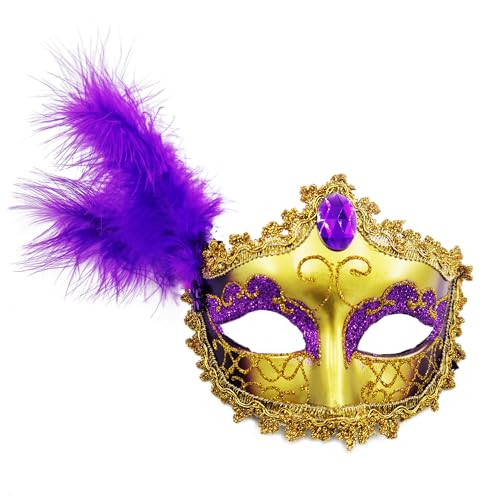 Kolumbianische Federkarneval Maske, venezianische Maske mit Glitzer und weichen Federn, Retro-Maske, 80er Jahre, Tanz, Partykostüm (Venezianische Gesichtsmaske, Feder, Violett) von Carnavalife