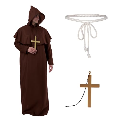 Kostüm Mönch Priester Mittelalter Renaissance Pest Schwarz Tunika mit Kapuze Erwachsene Kreuz und Seil, Todeskostüm Tunika Schwarz Gothic Halloween und Karneval (XL, Braun) von Carnavalife