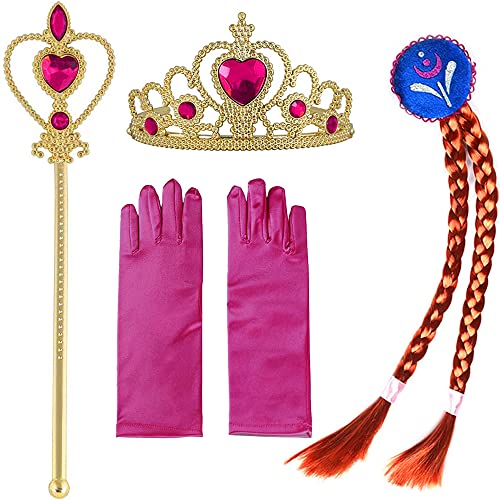 Krone Prinzessin Mädchen Perücke Zopf Elsa Frozen Zauberstab und Handschuhe für Kostüm Frozen und Anna, Zubehör Prinzessin Mädchen aus Eis Elsa für Karneval und Geburtstagsfeiern, 4 Stück (Anna) von Carnavalife