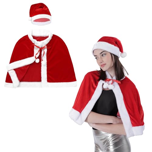 Kurzer roter Umhang und Weihnachtsmütze für Damen, für Weihnachtsmannkostüme, Weihnachtsmütze und Samtumhang für Weihnachtskostüme, 2 Stück von Carnavalife