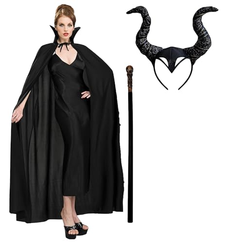 Malefica Kostüm für Erwachsene, für Damen, Halloween, Karneval, schwarzer Malefic-Umhang, böse Krempe, schwarzer böser Stock, für böse Königin Teufel (Disfarz Malefuca Umhang+Horn+Gehstock) von Carnavalife