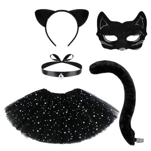 Schwarzes Katzenkostüm für Mädchen und Erwachsene, Katzenkostüm mit Katzenband, Halsband, Klapper-Katze, Katzenschwanz, Katzenmaske, Catwoman (Katze-Set mit TUTU) von Carnavalife