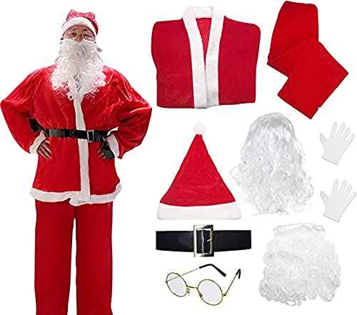 Weihnachtsmann-Kostüm für Erwachsene, Unisex, Jacke, Hosen, Bart, Brille, Haare, Mütze, Gürtel und Handschuhe, originelles Kostüm für Weihnachten, 8 Stück (2XL) von Carnavalife