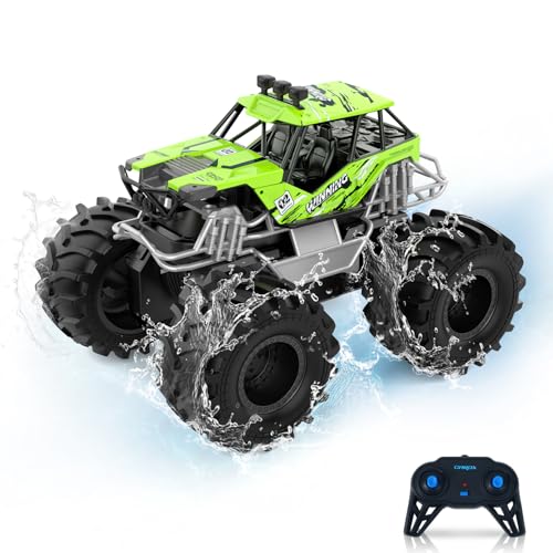 Carox Amphibienfahrzeug Ferngesteuertes Auto, 2.4 Ghz 1500mah RC Auto, Wasserdicht Monstertruck Auto Car Pool Strand Spielzeug für Kinder ab 6 Jahre OX21GRE von Carox