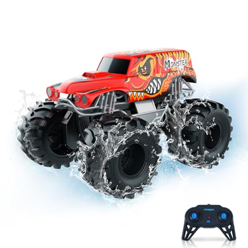 Carox Amphibienfahrzeug Ferngesteuertes Auto, 2.4 Ghz 1500mah RC Auto, Wasserdicht Monstertruck Auto Car Pool Strand Spielzeug für Kinder ab 6 Jahre OX21RED von Carox