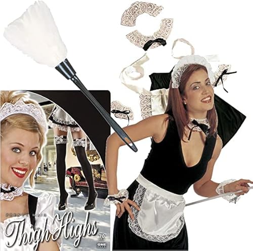 3-teiliges Verkleidungs-Set * ZIMMERMÄDCHEN * zur Mottoparty oder Karneval | Set Verkleidung Kostüm Geburtstag Fasching Dress Up Set French Maid Staubwedel Strumpfhosen Putzfrau Kellnerin von Carpeta