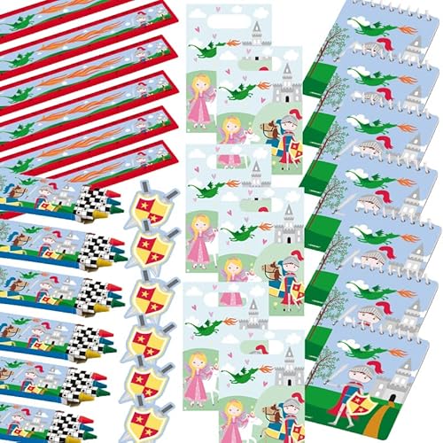 Carpeta 30-teiliges Mitgebsel-Set * Prinzessin und Ritter * für Mottoparty und Kindergeburtstag mit Partytüten, Schreibblöcke, Stifte, Lineal und Sticker | Schule Party Geburtstag von Carpeta