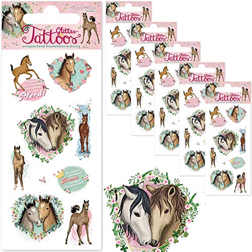 Carpeta 6-teiliges Tattoo-Set * Pferde & FOHLEN * mit Glitzer | Plus Buch: Spiel + Spaß mit Tattoos und Sticker für Kinder | Kindertattoo Geburtstag Mitgebsel Aufkleber Pony Horse von Carpeta