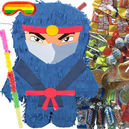 Pinata * NINJA + STOCK + BRILLE + SÜSSIGKEITEN * als Spiel und Deko für Kindergeburtstag und Mottoparty | Größe: 45x34x10cm | Kompatibel zum Ninjago Geburtstag | Pinatas Kinder Party von Carpeta