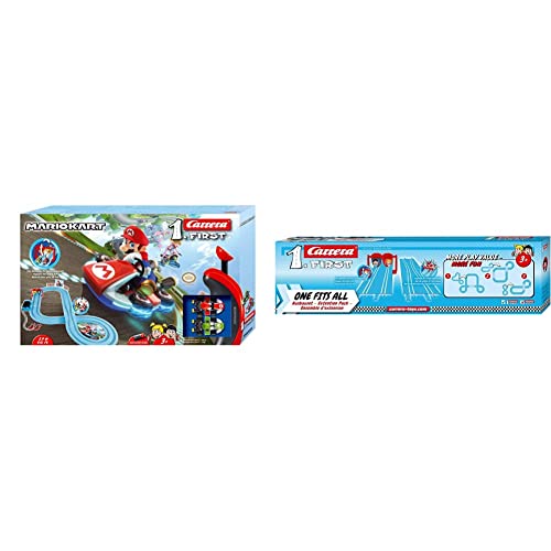 Carrera 20063028 First Nintendo Mario Kart Rennstrecken-Set I 2,9m elektrische Rennbahn mit Streckenteilen und Handregler im Maßstab 1:50 & 20067001 First Extention Set One fits All von Carrera