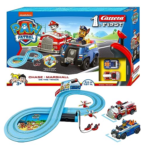 PAW Patrol Carrera First Rennbahnset | Chase & Marshall | 2,4m Strecke | Kreisel für extra Spielpaß | Ab 3 Jahren | Batteriebetrieben von Carrera