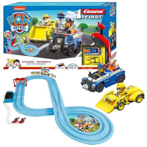 Carrera FIRST PAW PATROL On the Double 2,9 m Rennstrecken-Set, 2 ferngesteuerte Fahrzeuge mit Chase und Rubble, mit Handregler und Streckenteilen, Spielzeug für Kinder ab 3 Jahren von Carrera