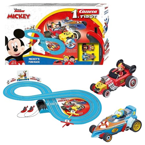 Carrera - 20063045 - Carrera First I Mickey's Fun Race I Die erste Rennbahn für Kleinkinder mit Disney Figuren I 2,4 Meter Spielbahn Ergonomische Handregler I Mit Kreisel für extra Spielspaß von Carrera