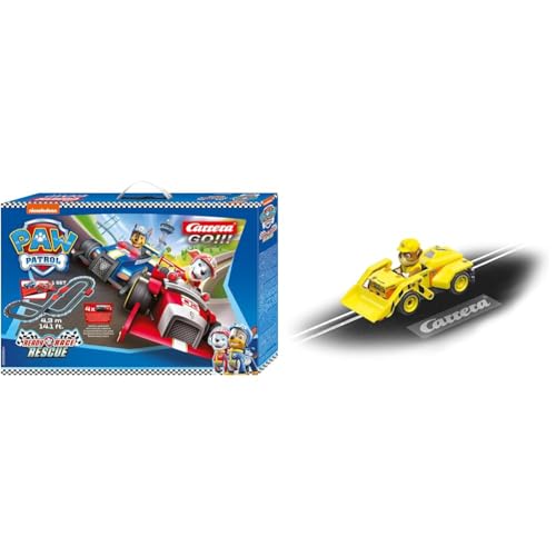 Carrera GO!!! Paw Patrol - Ready Race Rescue Rennbahn-Set I Rennbahnen und lizensierte Slotcars | bis zu 2 Spieler | Für Jungs und Mädchen ab 6 Jahren & Erwachsene & 20065025 PAW Patrol - Rubble, Gelb von Carrera