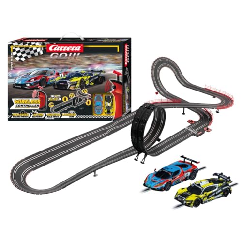 Carrera GO!!! Rennbahn Autorennbahn Super Racers Wireless Set | Grundpackung 62585 | 2 Slotcars inkl. 2 Wireless Handregler mit Turbo-Knopf | inkl. Looping, Fly-Over, Steilkurve und Rundenzähler von Carrera