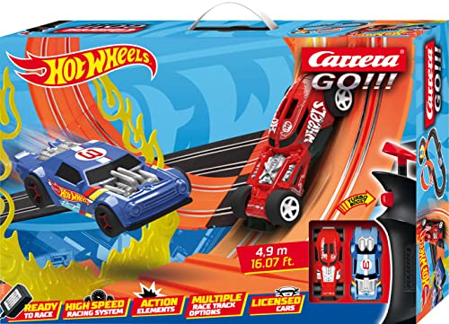 Carrera 20062552 GO!!! Rennstrecken-Set I Hot Wheels I 4,9 m elektrische Rennbahn mit Streckenteilen und Handregler mit Turbo-Button im Maßstab 1:43 I für bis zu 2 Spieler I für Kinder ab 6 Jahren von Carrera