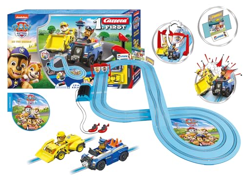 Carrera First PAW Patrol, On The Double – Spielbahn mit Chase & Rubble, spannende Abenteuer mit Flip-Elementen und kinderfreundlichen Handreglern – Für stundenlangen Spielspaß von Carrera