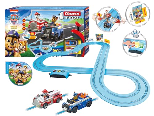 Carrera First PAW Patrol, Race 'N' Rescue – 3,5 Meter Lange Bahn mit Licht-, Sound- & Musikeffekten, interaktive Funktionen – Für aufregende Rettungsmissionen und Abenteuer im Kinderzimmer von Carrera