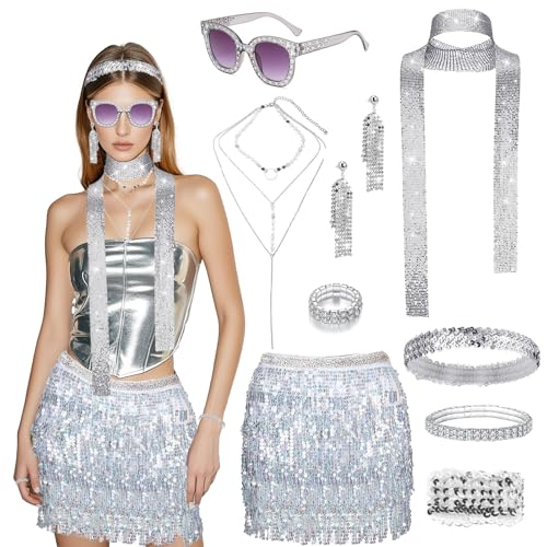 10 Stück 70s Disco Accessoires, 70er jahre Kostümzubehör mit Pailletten Rock Haarband Sonnenbrille Ohrringe Armband Gürtel 70er 80er Jahre Outfit Damen für Karneval Theme Party Hippie Costume von Carreuty