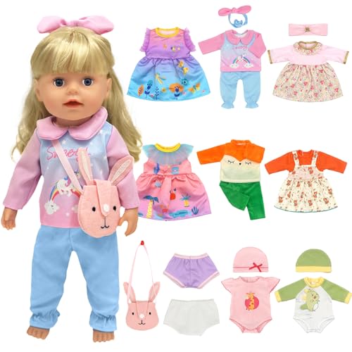 11 Puppenkleider Set für 30-43 cm 13-18inch, Niedliche Puppenkleidungs Accessoires Neugeborene Babypuppen Kleider Set Gehören Hüte Stirnbänder Unterwäsche und Tasche Kleid Outfits für Baby Doll von Carreuty