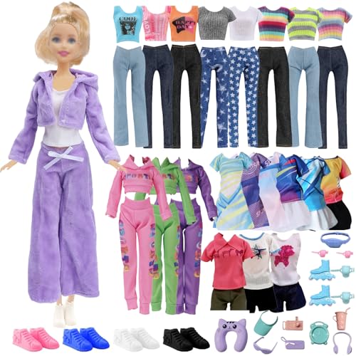 32 PCS Puppe Kleidung und Zubehör, 2 Kapuzen-Sweatshirt 4 T-Shirt 4 Lange Hosen 1 Shorts 2 Kleid 4 Flats 15 Sport Accessoires Kompatibel mit Barbie 11,5 Zoll Mädchen Geburtstag Geschenk, in Random von Carreuty