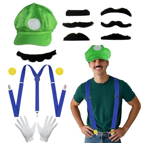 12 Stück Kostüm Erwachsene und Kinder Set, Super Brother Kostüm mit Hut Handschuhen Bart Knöpfe Riemen, für Fasching Karneval Halloween Cosplay Mottoparty Kostüm Verkleidung von Carreuty