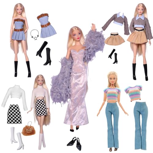 17 Kleidung Kompatibel Set mit Barbie Puppen, 1 Mode Abendkleid Set 1 Denim Röcke 3 Stricktop 2 Röcke 1 Hose 3 Halszubehör 1 Bag 5 Shoes für 11.5 Zoll Puppen Mädchen Geschenk Zufällig von Carreuty