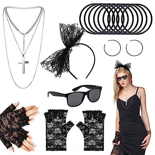 17 Stück 80er Jahre Accessoires für Frauen, schwarz 80er Jahre Verkleidung für Frauen mit Spitze Stirnband und Fischnetzhandschuhen, Armbänder, Ohrringe, Halskette für Retro-Partys, Mädchen, Kinder von Carreuty