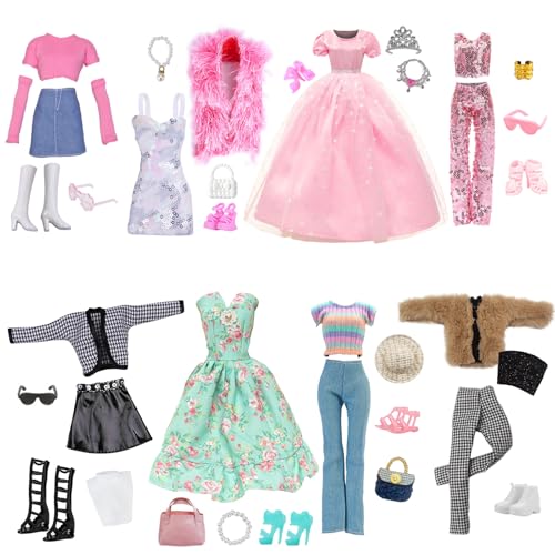 28 Stück Kleidung und Zubehör Kompatibel mit Barbie 11.5 Zoll Doll 8 Outfits Kleid Casual Wear Fashion Set Pailletten Set 8 Schuhe 12 Zubehör Tasche Hut Dekorationen Weihnachten Geschenke für Mädchen von Carreuty