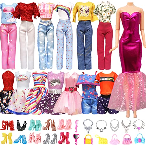 28 Stück Kleidung und Zubehör kompatibel mit Barbie Puppen 3 Fashion Kleider 3 Freizeitbekleidung Kleidung( Tops und Hosen ) 10 Paar Schuhe 12 Zubehör für 11,5 Zoll Mädchen Puppen von Carreuty
