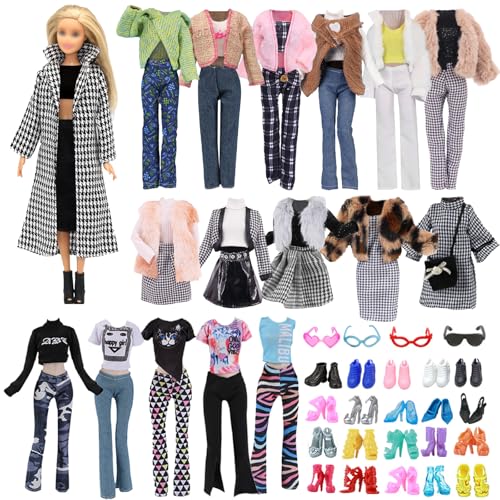 30 Kleidung Kompatibel mit Barbie Puppen, 1 Tausend Vogel Karo Mantel 2 Wintermäntel 4Oberteile 1Pullover 2 Röcke 3 Hosen 1 Hut 2 Brillen 4 Sneakers 10High Heels, für 11,5 Zoll Mädchen Puppen Zufällig von Carreuty