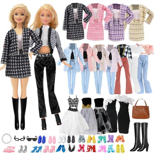 16 Kleidung Kompatibel mit Barbie Puppen, 3 Stilvolles Karo Mantel Set 2 Party Kleider 1 Kurzarm Hose Set 1 Bag 1 Halszubehör 2 Brillen 1 Stiefel 5 Shoes für 11.5 Zoll Mädchen Puppen Zufällig von Carreuty