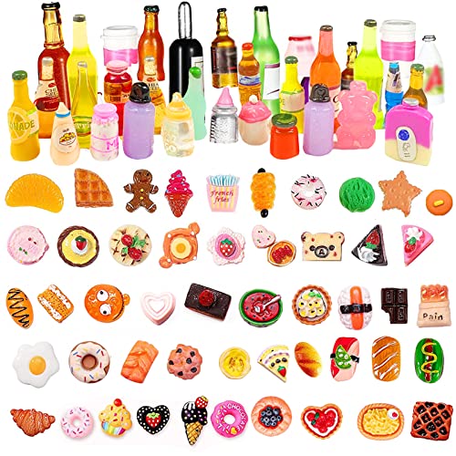 40 Stücke Mini-Lebensmittelspielzeug für Kinder, 30 Stücke Essen und 10 Stücke Trinkflaschen in einem zufälligen niedlichen Puppenhaus-DIY-Lebensmittelspiel, Küchenspielzeug Set Geburtstagsgeschenk von Carreuty