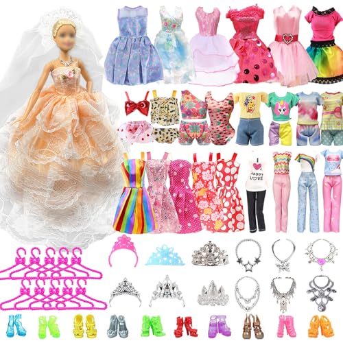 42 Puppen Kleidung und Zubehör, Kompatibel mit Barbie 1 Hochzeitskleid 3 Normale Kleider 1 Badeanzug 5 Neckholderkleider 32 Accessoires Krone Halskette Kleiderbügel Schuhe für 11,5 Zoll Puppen von Carreuty