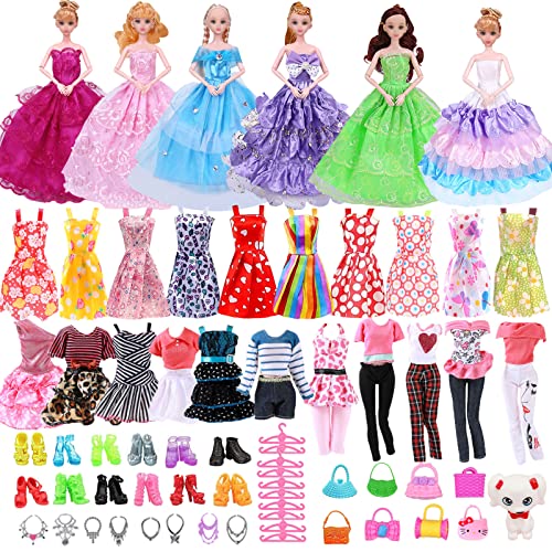 44 Puppenkleidungs Kompatibel mit Barbie 10 Schuhe 5 Kleid 5 Kleidung 5 Hosenträgerkleid 3 formelle Kleidung 16 zufällig ausgewählte Accessoires für Mädchen Geburtstagsgeschenke von Carreuty