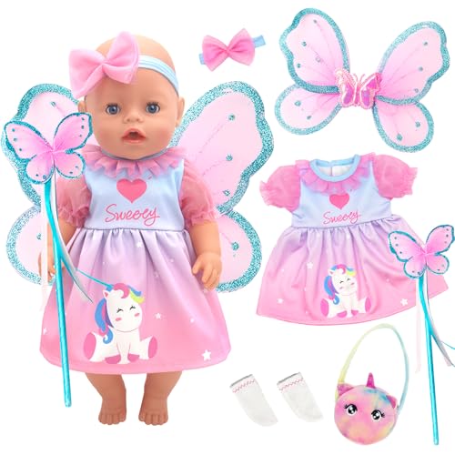 Flügel Puppentuch Kleidung Outfits für 12-18 Zoll Baby Puppen, 6 Baby Puppe Kleidung mit Schmetterlingsflügel Fairy Stick KopfbandTasche Socken für 30-45 cm Neu Baby Puppe von Carreuty