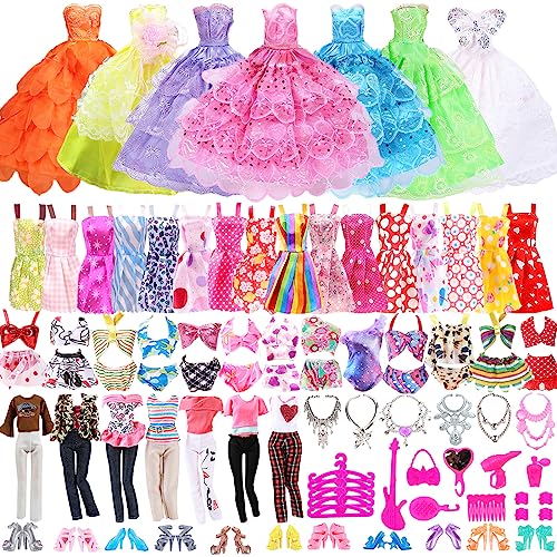 46-teiliges Puppenkleidungsset für 11,5-Zoll-Puppen Mädchen, 3 Prinzessinnenkleider + 5 Strapskleider +3 Bikinis+2 Oberteile+2 Hosen+10 Schuhe+16 Schmuckstücke+5 Kleiderbügel, Kompatibel mit Barbie von Carreuty