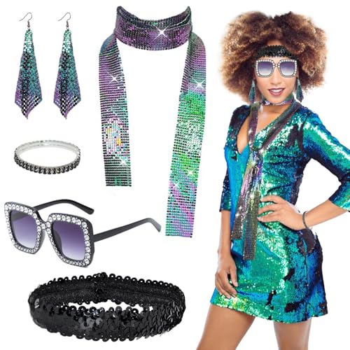 5 Stück Disco Accessoires, 70er Jahre Kostüm Pailletten Stulpen Disco Sonnenbrille Damen Ohrringe Armband Stirnband und Schals 70er 80er Jahre Glitzer Disco Kostüm Festliches Outfit Damen von Carreuty