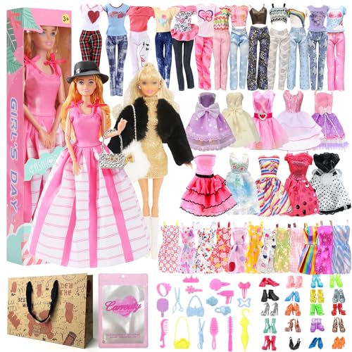 50 Kleidung Zubehör für Puppen, 11,5 Zoll Puppe mit 2 Sets Mode Kleid 8 Kleider 2 Sets Kurzarmhosen 10 Schuhe 18 Accessoires 2 Geschenktasche, für 11,5 Zoll Puppen, Geschenke für Mädchen, in Random von Carreuty