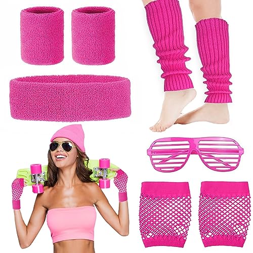 8 Stück Frauen Damen 80er Jahre Zubehör, rosa 80er Jahre Kostüm Zubehör für Frauen mit Armband, Beinstulpen, Fischnetz, Handschuhe, Stirnband, Brille für Retro-Partys, Junggesellinnenabschiede, von Carreuty